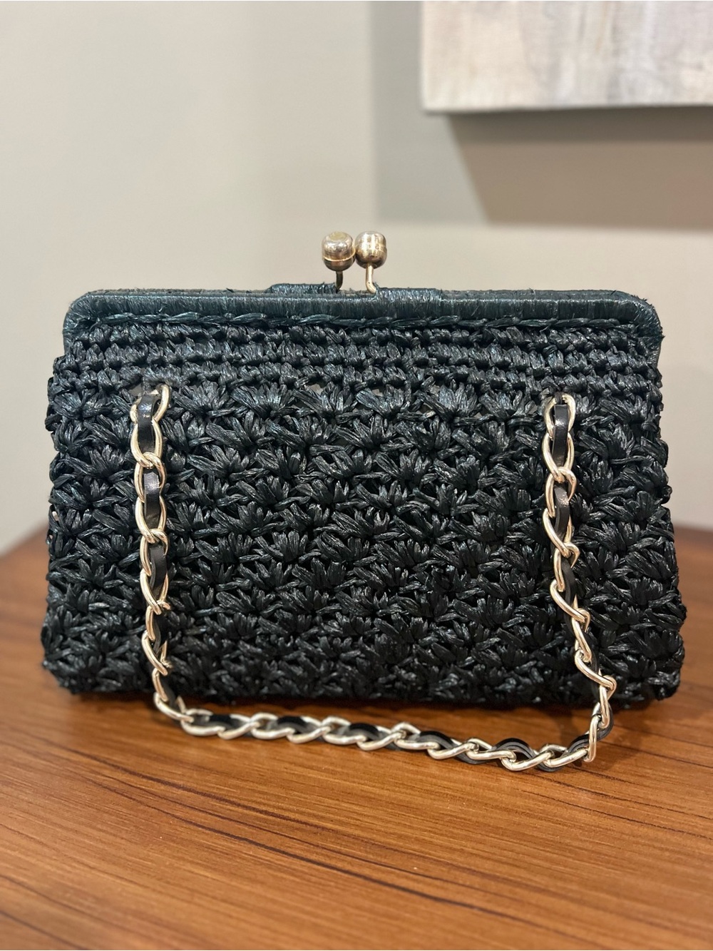 Vintage Black Raffia/Woven Evening Bag – Made in Japan – Gold Chain Strap